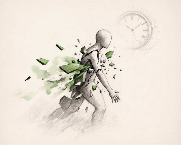 Ink Drawing of Figure with Exploding Shapes and Clock