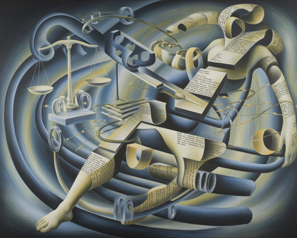 Surreal Oil Painting of Dismembered Body and Mechanicals