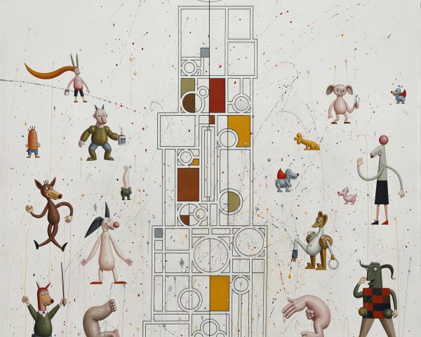 Colorful Surreal Oil Painting with Geometric Shapes