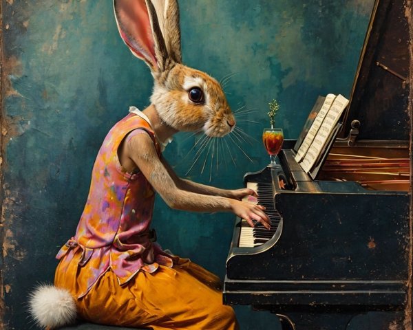 Whimsical Scene of Rabbit-Headed Pianist in Colorful Outfit