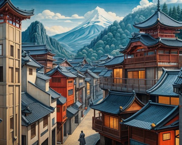 Traditional Japanese Town Surrounded by Mountains