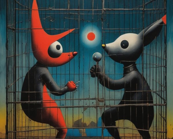 Whimsical Characters in a Barred Cage with Light Spheres