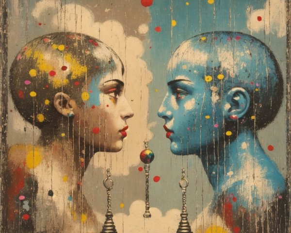 Stylized Bald Figures on Textured Blue Background