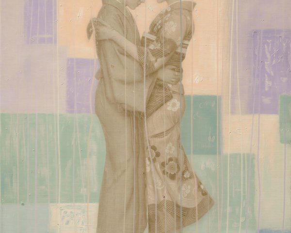 Women in Kimonos Embracing Against Pastel Background