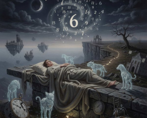 Surreal Oil Painting of a Sleeping Man and Ethereal Dogs