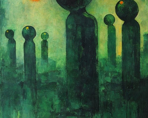 Abstract Figures with Spherical Heads in Vivid Landscape