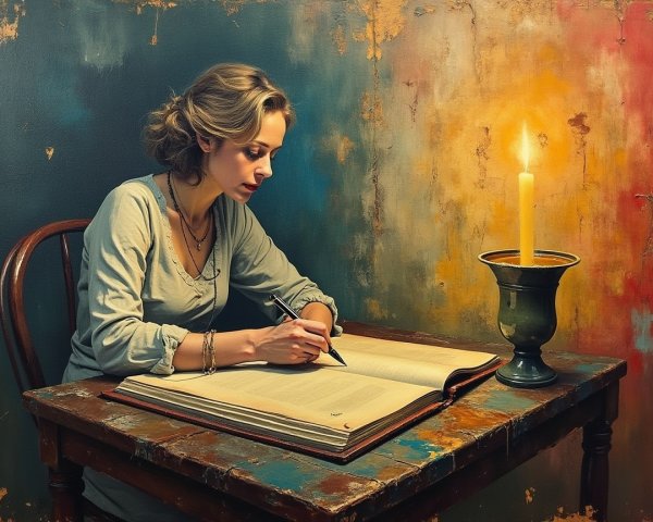 Woman Writing at Rustic Table with Candlelight