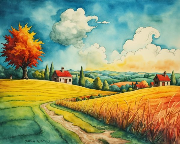 Vibrant Countryside Scene with Rolling Hills and Houses