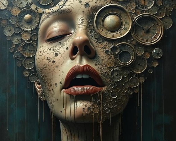 Surreal Portrait of Female Figure with Antique Clocks