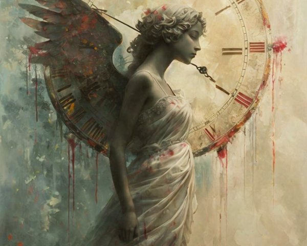 Serene Angel with Clock Symbolizing Time Passage