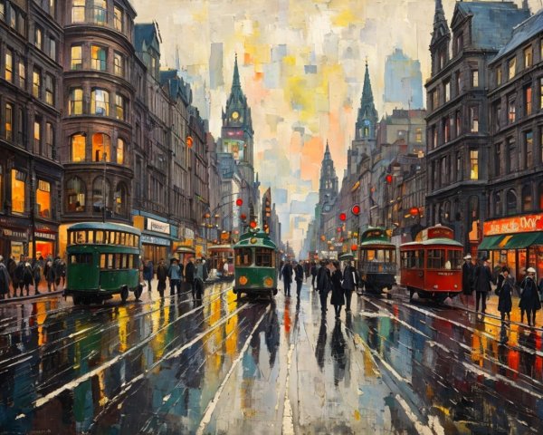 Vintage Urban Street Scene with Trams and Crowds