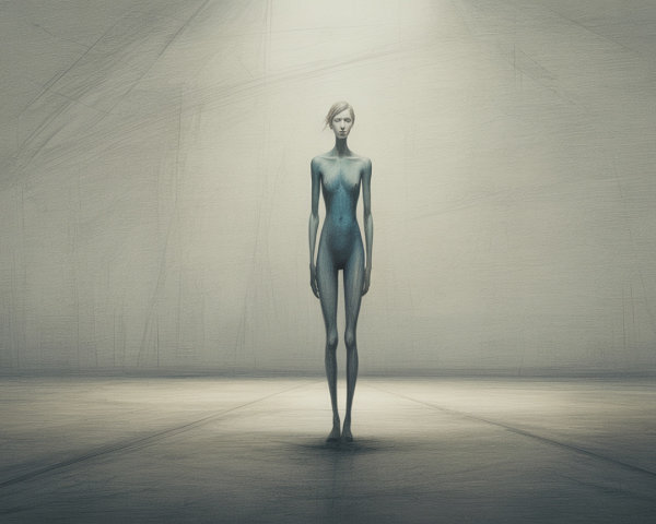 Thin Woman Sketch in Spotlight on Dark Background