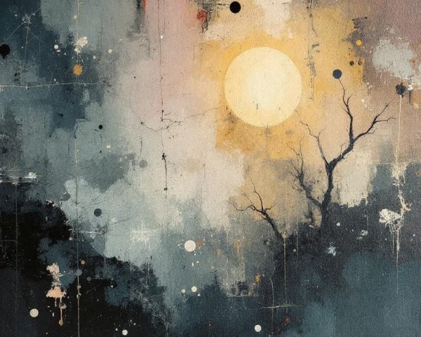 Abstract Landscape with Dark Colors and Glowing Sun