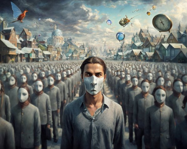 Crowd in Gray-Blue Attire with Futuristic Masks