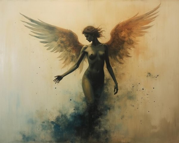 Winged Woman in Ethereal Style with Mystical Wings