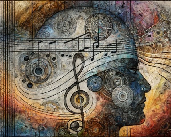 Profile of a Head with Gears and Musical Elements