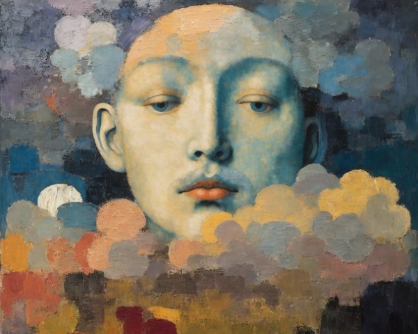 Serene Face Surrounded by Colorful Clouds and Moon