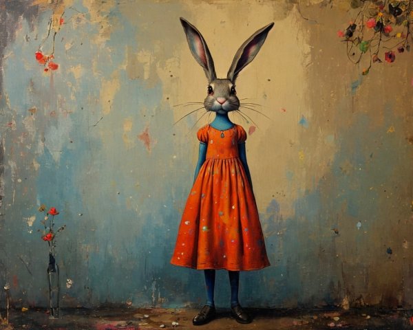 Whimsical Figure with Rabbit Head by Textured Wall