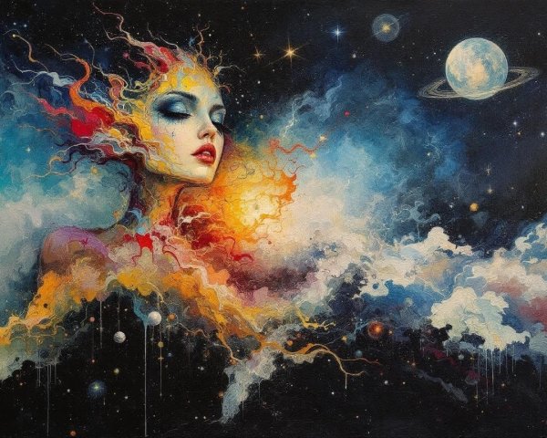 Surreal Artwork of Ethereal Woman in Cosmic Scene
