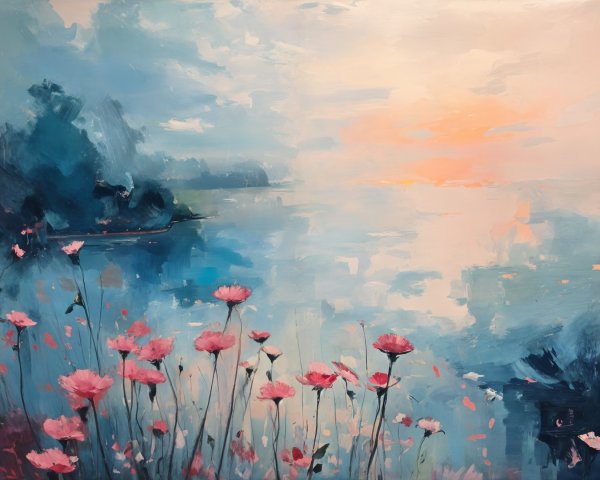 Serene landscape painting with tranquil sunset water scene