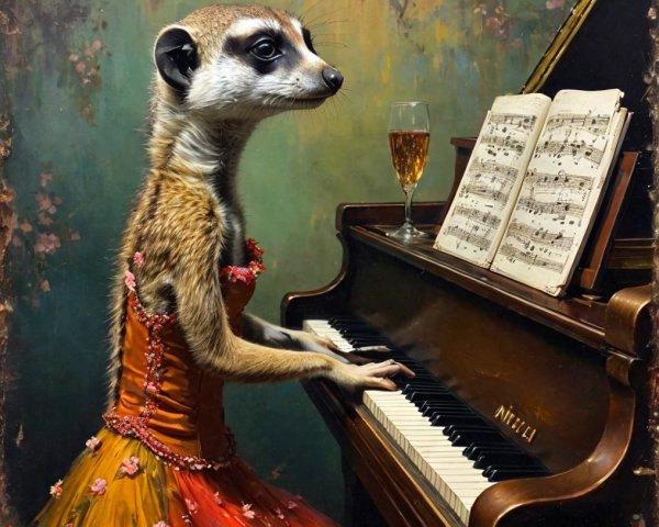 Meerkat in Orange Gown Playing Grand Piano Scene