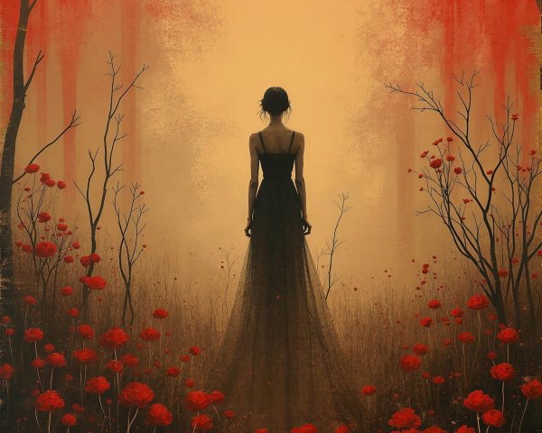Woman in Black Gown Amidst Red Flowers and Moon
