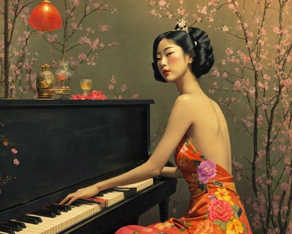 Elegant Woman in Floral Cheongsam at Grand Piano