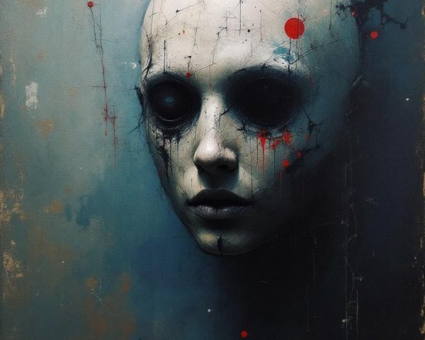 Faceless Figure with Dark Eye Sockets and Red Markings