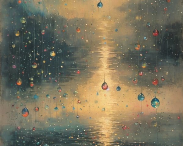 Serene Woman's Profile with Colorful Droplets and Sunset