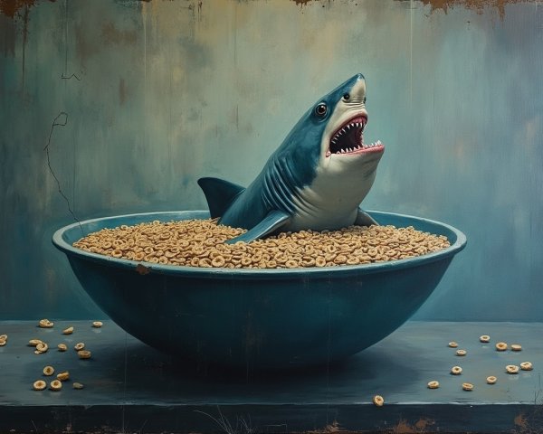Shark in Cereal Bowl Creates Whimsical Breakfast Scene