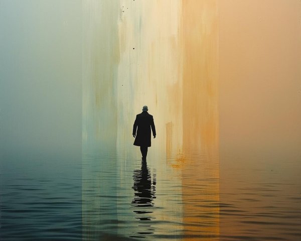 Solitary figure in misty landscape with tranquil water