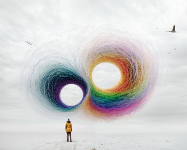 Solitary Figure on Barren Shoreline with Colorful Sky