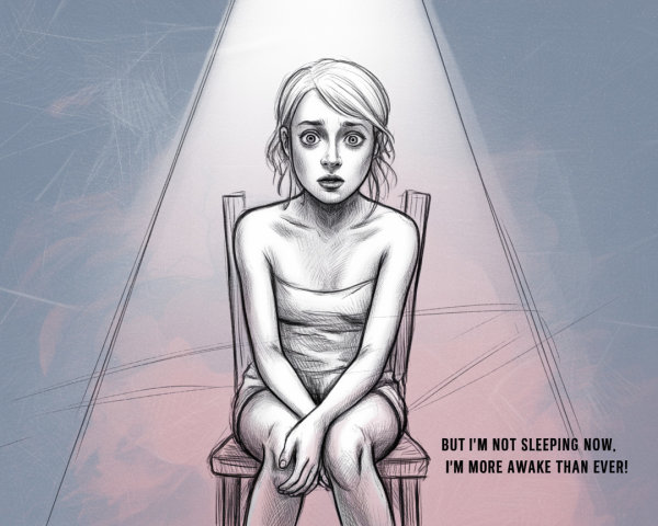 Anime girl in spotlight with fearful expression