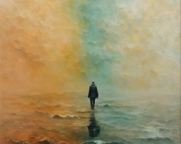 Lone Figure in a Surreal Orange and Blue Landscape