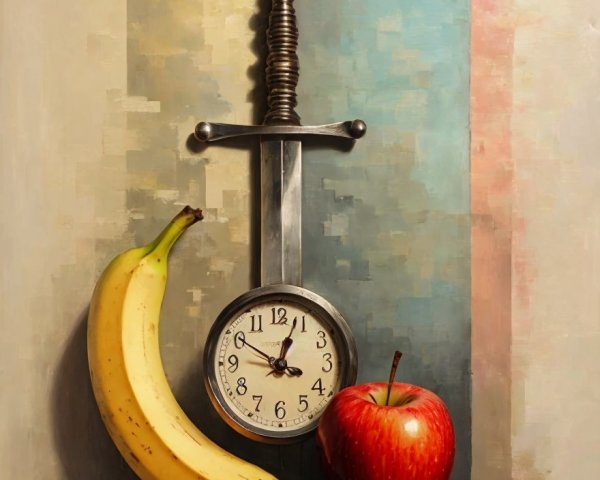 Still Life with Silver Sword, Fruit, and Pastel Background