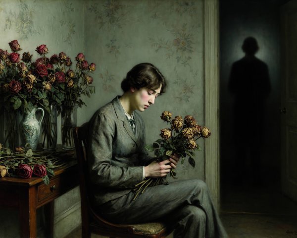 Oil Painting of Woman with Wilted Roses in Grey Suit