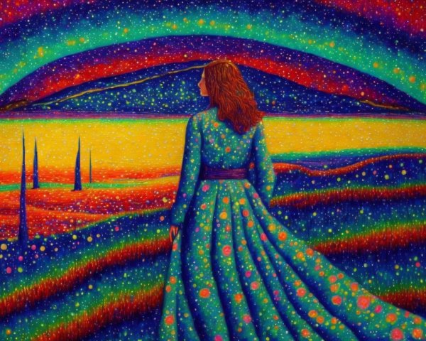 Woman in Dress Overlooking Cosmic Landscape