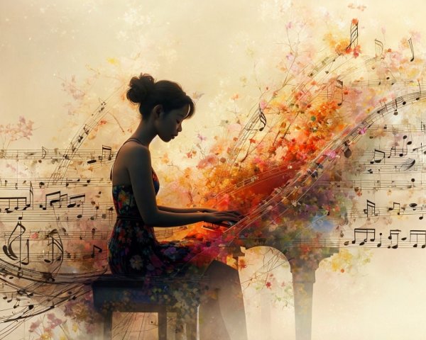 Woman at Piano Surrounded by Colorful Flowers