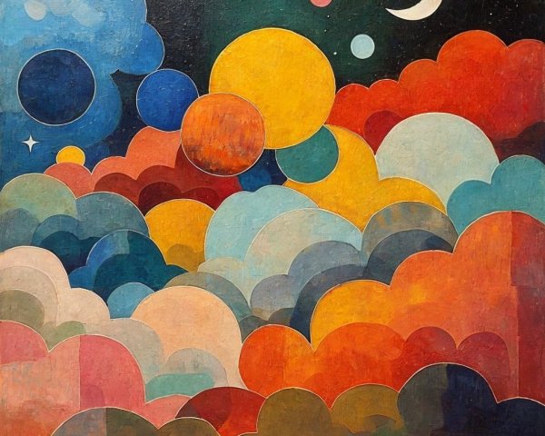Vibrant Abstract Landscape with Colorful Clouds and Moon