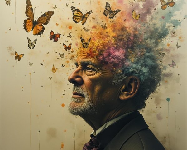 Elderly Man with Butterflies Symbolizing Transformation
