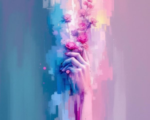 Stylized Hand Holding Pink Flowers in Pastel Background