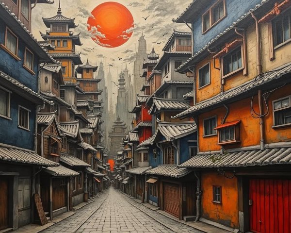 Narrow Cobblestone Street with Colorful Traditional Buildings