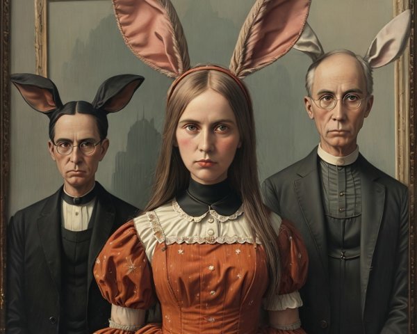 Three Figures with Bunny Ears in Whimsical Portrait