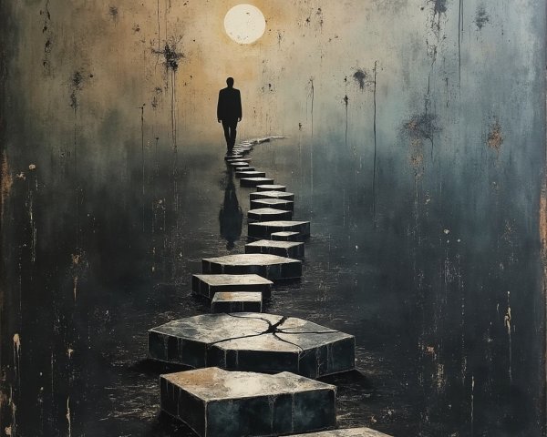 Solitary Figure on Hexagonal Stone Path Under Moonlight