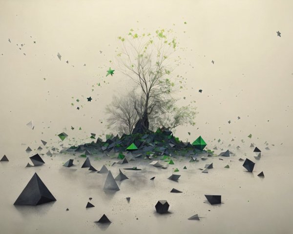 Abstract Landscape with Tree and Geometric Shapes