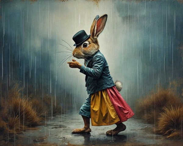 Whimsical Rabbit in Stylish Outfit in Rainy Landscape