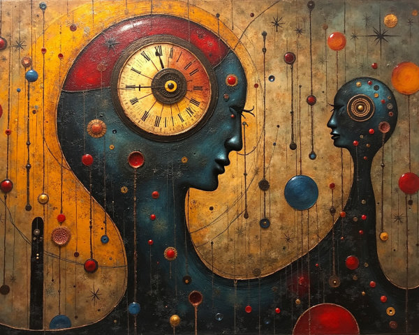 Abstract Human Figures with Clock and Celestial Elements