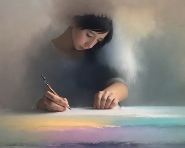 Young girl writing with pencil in dreamy atmosphere
