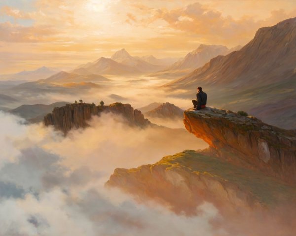 Serene Sunset Landscape with Misty Hills and Mountains