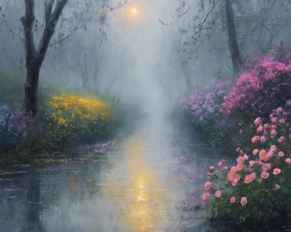 Tranquil Misty Landscape with Serene River and Flowers
